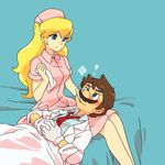  1girl akurira blonde_hair blue_eyes brown_hair doctor dr._mario facial_hair formal gloves hands_clasped hat highres lap_pillow long_hair mario mario_(series) mustache necktie nurse nurse_cap own_hands_together princess_peach simple_background smile suit super_mario_bros. thermometer 