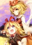  black_hair blonde_hair blue_eyes bow dqn_(dqnww) dress hair_bow hair_ornament hair_ribbon highres medicine_melancholy multicolored_hair multiple_girls red_eyes ribbon shawl short_hair skirt smile su-san toramaru_shou touhou two-tone_hair wings yellow_eyes 