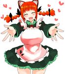 :d animal_ears apron blush bow braid breasts closed_eyes fangs hair_bow han_(jackpot) happy heart huge_breasts incoming_hug kaenbyou_rin open_mouth red_hair smile solo touhou twin_braids 