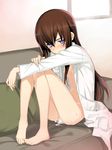  after_sex bare_legs barefoot blush bottomless breasts brown_hair couch cum cum_in_pussy cumdrip labcoat long_hair makise_kurisu naked_labcoat namonashi nipples pillow purple_eyes sitting small_breasts solo steins;gate sweat tears 