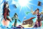  4girls ahri akali ass beach beach_chair beach_umbrella day fox_tail green_eyes highres irelia karma_(league_of_legends) kennen league_of_legends lee_sin long_hair makishima_rin multiple_boys multiple_girls no_panties ponytail purple_eyes shen short_hair tail thighhighs udyr umbrella wet yellow_eyes zed_(league_of_legends) 