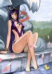  ahri animal_ears barefoot bracelet breasts casual_one-piece_swimsuit caustics cleavage cleavage_cutout crossed_legs day facial_mark fox_ears fox_tail goggles goggles_on_head goomrrat highres jewelry ky large_breasts league_of_legends legs lens_flare long_hair long_legs multiple_tails necklace one-piece_swimsuit outdoors petals pool poolside purple_hair rubber_duck sitting smile soaking_feet solo swimsuit tail thighs very_long_hair whisker_markings yellow_eyes 