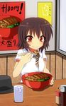  bad_id bad_pixiv_id brown_hair chopsticks eating food glass hat hat_removed headwear_removed highres ice ice_cube meat necktie noodles ramen shirt short_hair short_sleeves sitting smile solo soup soy_sauce sudo_shinren touhou usami_renko 