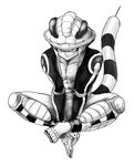  butterfly_sitting closed_mouth greyscale hunter_x_hunter looking_at_viewer meruem monochrome multicolored multicolored_skin muscle serious simple_background sitting solo stinger tail toenail_polish two-tone_skin 
