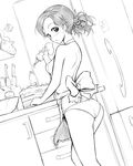  apron ass atomix breasts cake copyright_request covered_nipples food greyscale highres icing kitchen kitchen_knife looking_at_viewer looking_back medium_breasts mixing_bowl monochrome nearly_naked_apron no_bra oven_mitts panties pastry_bag pen short_hair solo underwear 