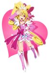  ;d aida_mana arm_up arm_warmers bike_shorts blonde_hair boots bow choker cure_heart curly_hair dokidoki!_precure full_body half_updo hand_on_hip heart kenbi_(hi_himmy) knee_boots long_hair magical_girl mosaic_background object_namesake one_eye_closed open_mouth pink_background pink_bow pink_eyes pink_footwear pink_sleeves ponytail precure ribbon shorts shorts_under_skirt skirt smile solo 