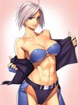  abs ahoge angel_(kof) bare_shoulders belt blue_eyes bra breasts chaps fingerless_gloves gloves highres large_breasts midriff muscle muscular_female navel ogami panties short_hair silver_hair simple_background solo strapless the_king_of_fighters underwear uneven_eyes 