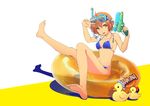  absurdres barefoot bikini diving_mask diving_mask_on_head feet highres innertube looking_at_viewer mishiyomi_kazumi navel open_mouth orange_eyes orange_hair orangina rubber_duck shadow shiny shiny_skin short_hair smile snorkel solo swimsuit water_gun 