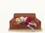  androgynous black_cat blonde_hair boots cat checkered closed_eyes couch daijou_kiyosu diana_(umineko) lying male_focus no_jacket on_side sleeping solo umineko_no_naku_koro_ni ushiromiya_lion 