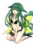  azure_luna bare_shoulders bikini black_bikini bow frilled_bikini frills gatchaman_crowds green_eyes green_hair highres kneeling large_bow leg_garter long_hair simple_background solo swimsuit utsutsu very_long_hair white_background 