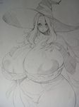  bare_shoulders bonten breasts dragon's_crown gigantic_breasts hat highres long_hair monochrome red_hair sketch solo sorceress_(dragon's_crown) traditional_media witch_hat 