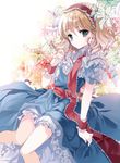  alice_margatroid bad_id bad_pixiv_id blonde_hair blue_dress blue_eyes capelet cierra_(ra-bit) dress flower hairband hand_in_hair lily_(flower) lolita_hairband looking_at_viewer necktie petticoat sash short_sleeves solo touhou wrist_cuffs 