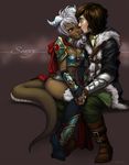  anthro armor birthmark blush boots breasts brown_hair brown_skin clothing couple detailed dragon english_text eyes_closed female fingerless_gloves fur girly gloves grey_hair hair hand_holding hug human lips love male mammal metal navel one_eye_closed pants plain_background pollo-chan red_eyes shirt silver_hair sitting straight tears text 