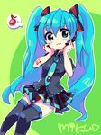  aqua_eyes aqua_hair blush character_name hair_ribbon hatsune_miku headset kurimochi_chizuru long_hair musical_note necktie ribbon skirt solo tattoo thighhighs twintails very_long_hair vocaloid 