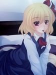  ascot bad_id bad_pixiv_id bed blonde_hair dress_shirt hair_ribbon looking_at_viewer onsen_tamago_(nurumayu_onsen) red_eyes ribbon rumia shirt short_hair skirt skirt_set solo tongue tongue_out touhou 