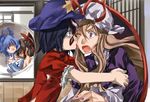  asymmetrical_docking blue_eyes blue_hair blush bow breast_press breasts flat_chest hair_bow hair_rings hakurei_reimu hat hole_in_wall kaku_seiga large_breasts licking long_hair miyako_yoshika multiple_girls ofuda one_eye_closed ponytail short_hair star tongue tongue_out touhou yakumo_yukari yohane yuri 