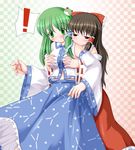  2girls bare_shoulders bow breast_grab brown_hair checkered checkered_background detached_sleeves frog_hair_ornament grabbing green_eyes green_hair hair_bow hair_ornament hair_tubes hakurei_reimu jitome kochiya_sanae looking_at_viewer multiple_girls red_eyes riku_(rikkuru) sidelocks skirt snake_hair_ornament spoken_exclamation_mark touhou yuri 