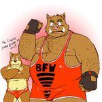  anthro biceps big_muscles boar bulge canine chubby crossed_arms dialog dog duo english_text fingerless_gloves gloves looking_at_viewer male mammal muscles nipples overweight pecs porcine pubes shiba-kenta speedo swimsuit text wrestler wrestling_singlet 