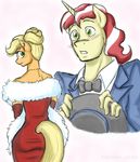  anthrofied applejack_(mlp) blonde_hair blush bow_tie dress elbow_gloves equine female flim_(mlp) freckles friendship_is_magic gloves gold green_eyes hair hair_bun hasana-chan hat horn horse jewelry male mammal my_little_pony necklace piercing pony red_dress red_hair stole tuxedo two_tone_hair unicorn white_hair 