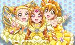  :d blonde_hair blue_background bow brooch brown_eyes choker circlet color_connection cure_lemonade cure_muse_(yellow) cure_pine double_bun drill_hair eyelashes fresh_precure! frills hair_bow happy heart jewelry kasugano_urara_(yes!_precure_5) long_hair magical_girl momoiro_koume multiple_girls open_mouth orange_choker orange_hair outstretched_arms precure red_eyes shirabe_ako short_hair skirt smile spread_arms suite_precure twin_drills twintails v wrist_cuffs yamabuki_inori yellow_bow yellow_choker yellow_eyes yes!_precure_5 