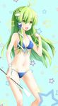  aqua_background bad_id bad_pixiv_id bikini blue_bikini breasts cleavage frog_hair_ornament front-tie_top gohei green_eyes green_hair hair_ornament hair_tubes kochiya_sanae long_hair medium_breasts navel open_mouth side-tie_bikini smile snake_hair_ornament solo star swimsuit touhou transistor 