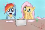  &lt;3 apple blue_background blue_eyes blue_fur duo eating equine female feral fluttershy_(mlp) friendship_is_magic fruit fur hair horse juice mammal miokomata multi-colored_hair my_little_pony open_mouth pegasus pink_hair plain_background plate pony purple_eyes rainbow_dash_(mlp) rainbow_hair straw toaster waffle wings yellow_fur 