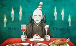  alcohol bib blush cake candle cup drinking_glass food food_on_face fork harry_potter hat holiday-jin male_focus party_hat solo turkey_(food) voldemort wine wine_glass 