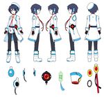  absurdres androgynous black_hair blue_eyes fingerless_gloves gloves hat headphones headset highres ideolo looking_at_viewer male_focus multiple_views official_art open_mouth pants short_hair simple_background turnaround vocaloid vocanese white_background zhiyu_moke 