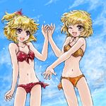  aki_minoriko aki_shizuha bikini blonde_hair brown_eyes hair_ornament leaf multiple_girls nanashii_(soregasisan) one_eye_closed open_mouth orange_bikini red_bikini short_hair siblings sisters smile swimsuit touhou water 