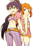  back-to-back bare_shoulders belt black_hair blush cropped_jacket fang ganaha_hibiki green_eyes hair_ribbon holding_hands idolmaster idolmaster_(classic) jacket long_hair looking_back multiple_girls natsunagi_takaki navel open_mouth orange_hair pants pink_diamond_765 ponytail ribbon skirt smile striped striped_legwear takatsuki_yayoi thighhighs twintails 