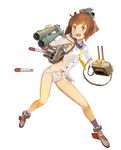  :o ankle_boots armpits bag bangs binoculars blush boots brown_hair buttons dress fighting_stance flat_chest full_body handbag highres holding kantai_collection long_sleeves looking_at_viewer navel necktie no_bra no_pants nogami_takeshi open_mouth orange_eyes panties sailor_dress see-through shirt short_hair simple_background skindentation spread_legs standing torn_clothes torn_shirt torpedo turret underwear weapon wet wet_clothes white_background white_panties yukikaze_(kantai_collection) 