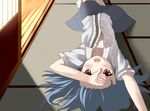  :d arm_up barefoot blouse blue_hair blush cowboy_shot flat_chest frilled_shirt frills from_above hair_spread_out hand_on_forehead highres hinanawi_tenshi indoors knee_up long_hair looking_at_viewer lying nagihashk no_bra no_hat no_headwear on_back on_floor open_clothes open_mouth open_shirt pencil_skirt red_eyes shirt short_sleeves shouji skirt sliding_doors smile solo sunlight sweat tatami touhou upside-down wet wet_clothes wet_shirt wooden_floor 