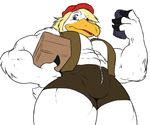  beak biceps blonde_hair blue_eyes box bulge clothing delivery_man flexing hair hat jacket looking_at_viewer male modem_redpill muscles open_shirt pecs plain_background shirt shorts sieg_coen solo standing stork toned white_background white_body 