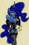  anthro anthrofied blue_eyes blue_fur blue_hair blush breasts cleavage clothed clothing crown cutie_mark elbow_gloves equine female friendship_is_magic fur gloves hair horn horse legwear lingerie mammal my_little_pony newyorkx3 pony princess_luna_(mlp) solo sparkles standing stockings text winged_unicorn wings 
