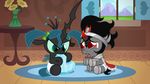  armor bite black_hair bow cape cat_eyes changeling crown crystal duo equine fangs female feral flower friendship_is_magic green_eyes green_hair hair holes horn horse king_sombra_(mlp) male mammal my_little_pony pigtails pony queen_chrysalis_(mlp) red_eyes slit_pupils tears unicorn upset vase window wings zutheskunk 