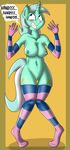 anthro anthrofied blush breasts cutie_mark dialog elbow_gloves english_text equine female friendship_is_magic fur gloves green_fur grin hair horn horse lyra_(mlp) lyra_heartstrings_(mlp) mammal my_little_pony navel nipples pony pussy smile socks solo text two_tone_hair unicorn ziemniax 