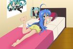  aki99 bad_id bad_pixiv_id barefoot blue_hair blush book character_doll closed_eyes cosplay detached_sleeves green_eyes hachune_miku hatsune_miku hatsune_miku_(cosplay) headphones highres hiiragi_kagami izumi_konata kiss long_hair looking_back lucky_star lying necktie on_stomach poster_(object) solo spring_onion sweatdrop thighhighs twintails vocaloid yuri yurijoshi zettai_ryouiki 