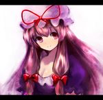  breasts cleavage collarbone dress hat hat_ribbon higashi_yuzu long_hair looking_at_viewer medium_breasts pink_hair puffy_short_sleeves puffy_sleeves purple_dress red_eyes ribbon short_sleeves simple_background solo touhou very_long_hair white_background yakumo_yukari 