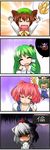  &gt;_&lt; 4koma [] ^_^ blonde_hair breasts brown_hair chen cleavage closed_eyes comic earrings fox_tail green_hair guncannon gundam hat highres inubashiri_momiji jewelry kochiya_sanae large_breasts long_hair medium_breasts mobile_suit_gundam multiple_girls multiple_tails onozuka_komachi pink_hair rod_of_remorse shiki_eiki short_hair silver_hair tail tokin_hat touhou translated yakumo_ran 