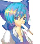  bad_id bad_pixiv_id blue_dress blue_eyes blue_hair chomoran cirno collarbone dress food looking_at_viewer mouth_hold popsicle short_hair simple_background solo touhou upper_body white_background 