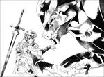  1girl bad_id bad_pixiv_id dragon greyscale injury kame_tora layna_(soul_cradle) monochrome monster raksha_(soul_cradle) revya_(male) soul_cradle sword weapon 