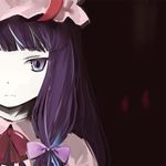  bangs blunt_bangs bow expressionless face hair_bow hat nonaka_yuu pale_skin patchouli_knowledge pink_bow purple_eyes purple_hair simple_background solo touhou 