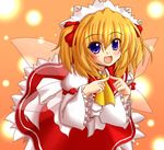  ascot blonde_hair blue_eyes blush bow child fairy fairy_wings fang fingers_together frilled_skirt frills long_sleeves miiya open_mouth orange_background red_ribbon red_skirt ribbon shirt skirt solo sunny_milk touhou two_side_up white_bow white_shirt wings yellow_neckwear 