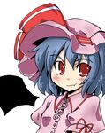  bat_wings blue_hair blush closed_mouth dress hat hat_ribbon looking_at_viewer pink_dress puffy_short_sleeves puffy_sleeves red_eyes remilia_scarlet ribbon short_hair short_sleeves simple_background smirk solo togashi_yuu touhou white_background wings 
