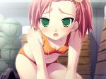  :o all_fours ball black_legwear blurry blush body_blush bra breasts depth_of_field embarrassed fangs game_cg green_eyes gym_storeroom hair_bobbles hair_ornament indoors kneehighs kneeling looking_at_viewer mako_barchet navel oohama_akihito open_mouth orange_bra orange_panties panties pink_hair short_hair side_ponytail small_breasts solo sortieange_mahou_club sports_bra underwear underwear_only vaulting_horse volleyball 