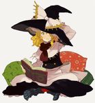  apron blonde_hair book hand_on_headwear hand_on_own_head hat indian_style iwamoto_zerogo kirisame_marisa long_sleeves pillow reading scarf simple_background sitting socks solo striped striped_legwear touhou witch witch_hat yellow_eyes 