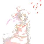  ascot bad_id bad_pixiv_id brown_eyes chomoran collar cowboy_shot detached_sleeves hakurei_reimu long_sleeves looking_at_viewer petals red_skirt short_hair silver_hair simple_background skirt solo touhou vest white_background 