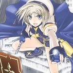  blue_eyes book fighting_stance floating hair_ornament hat legs_apart lyrical_nanoha mahou_shoujo_lyrical_nanoha open_mouth outstretched_arm schwertkreuz short_hair silver_hair solo staff tome_of_the_night_sky unison x_hair_ornament yagami_hayate 