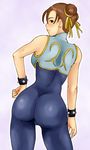  ass bracelet brown_eyes brown_hair chinese_clothes chun-li double_bun huge_ass jewelry looking_back ribbon rirakukan solo spandex spiked_bracelet spikes street_fighter unitard 