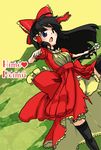  :o bakayanagi black_hair black_legwear blue_eyes blush character_name dress floating_hair frills hakurei_reimu heart leg_garter long_sleeves looking_at_viewer red_dress solo thighhighs touhou wind zettai_ryouiki 